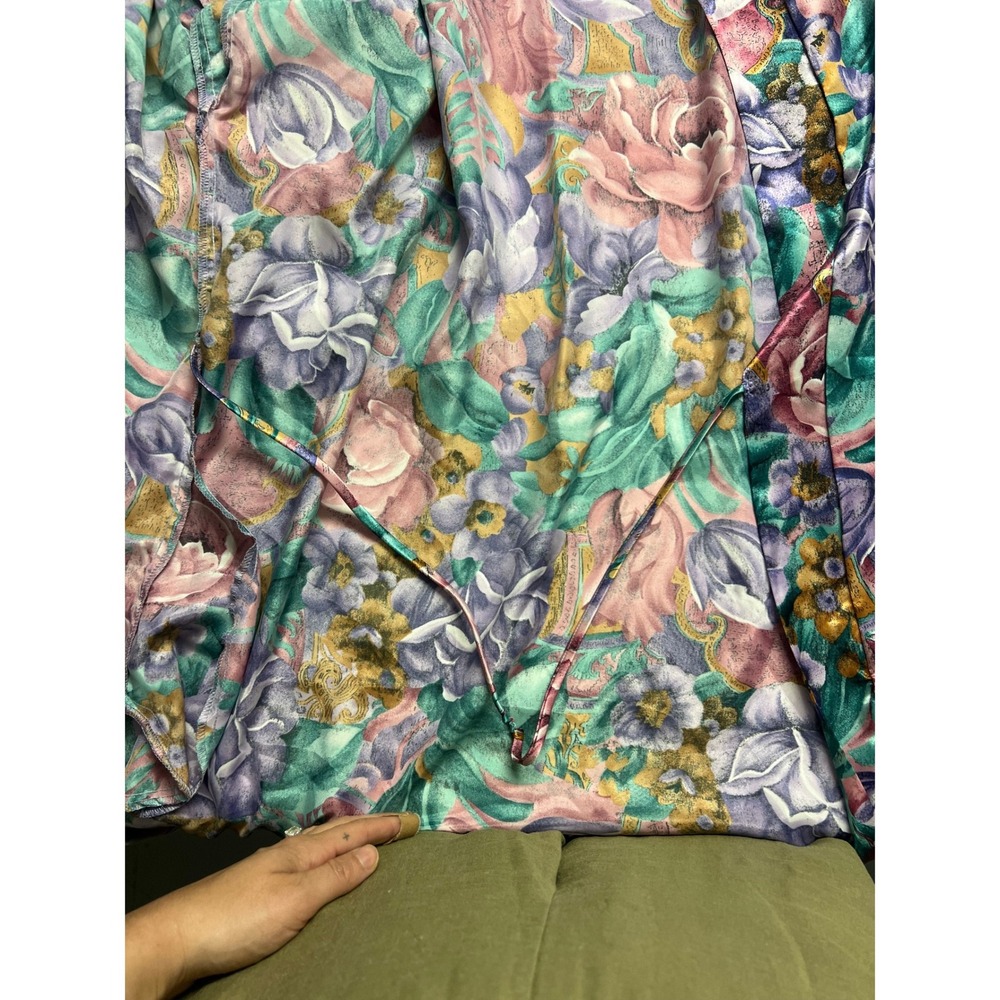 Vintage Floral Satin Robe Long Kimono Large Maximalist Lounge Regency - Picture 7 of 10